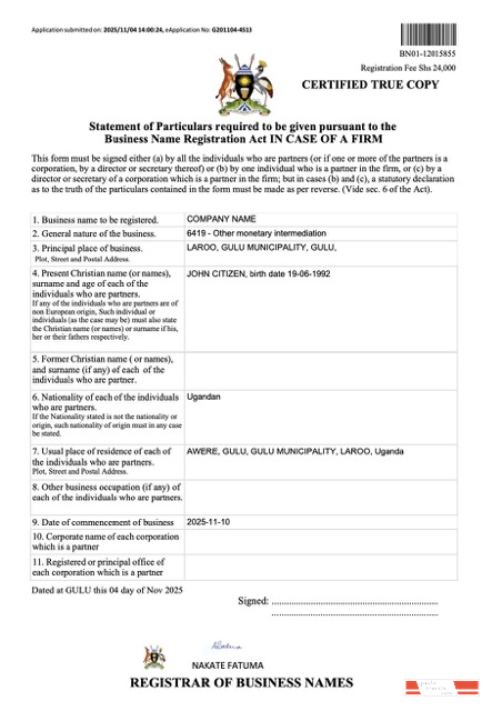 Uganda business name registration certificate Word and PDF template, version 2